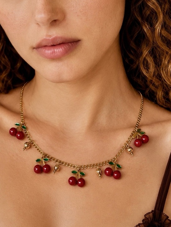 Jewelry - Gold Cherry Charm Necklace - Red Cherry Pendant Necklace